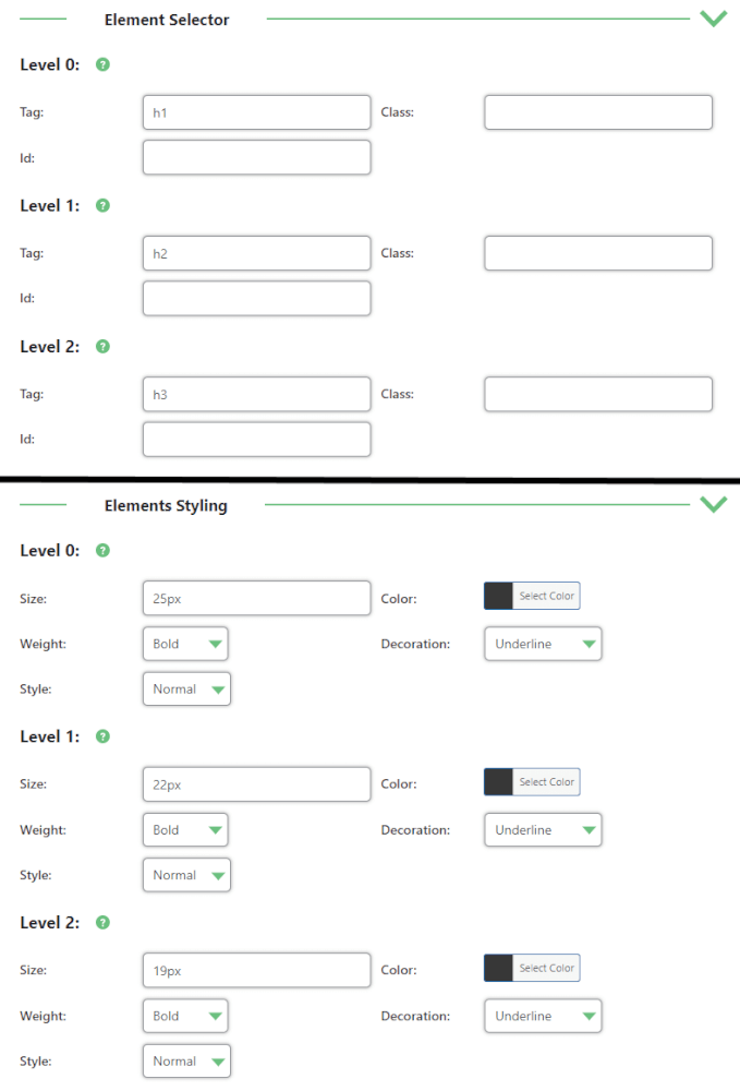 Settings section used to Define which Tags to Use for Generating the TOC and How to Style each Level