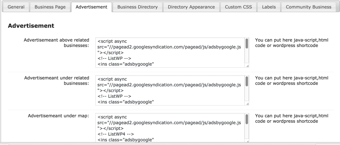 Settings up your advertising preferences within the CM Business directory plugin - Adding Advertisements - New Business Directory Plugin for WordPress Released by CreativeMinds