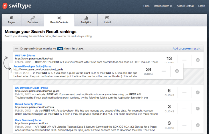 Drag and drop results page customization with Swiftype