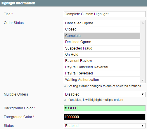 Extension configuration options for order status
