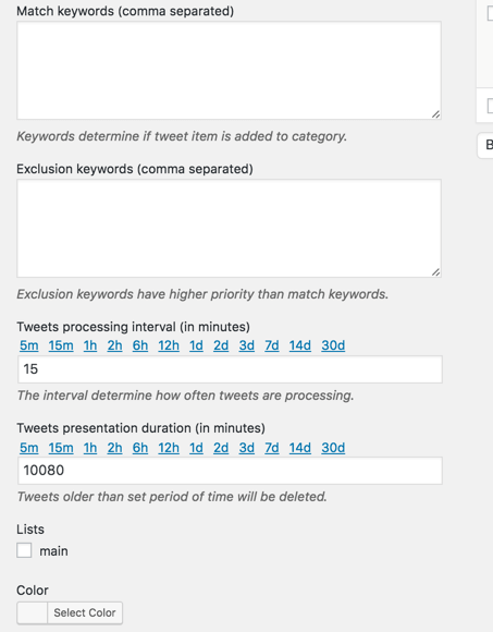 Aggregated twitter feeds categories settings