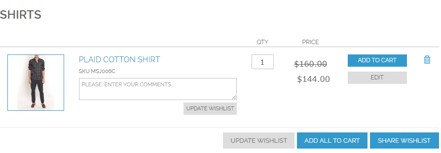 Customer view of their wish list where they can directly move a wishlist to cart
