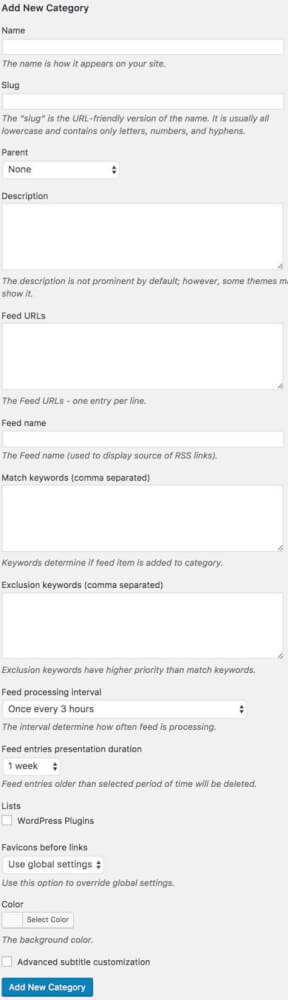 Feed Management - Category Screen Where the Feed Aggregation is Defined