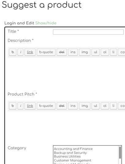 Showing part of the new product submission form