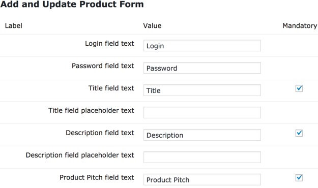 Setting screen showing part of the product form settings
