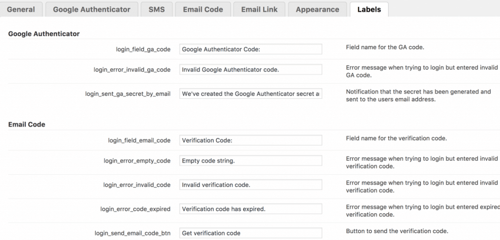 Secure Login labels settings