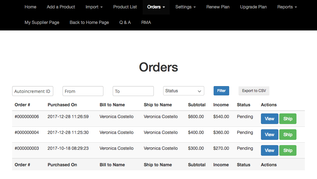 Magento Marketplace Vendor Portal - Orders List