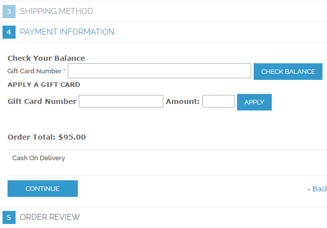 Checkout screen which includes the option to pay with gift card