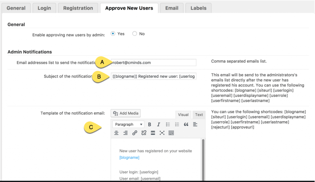 Settings for Admin notification email