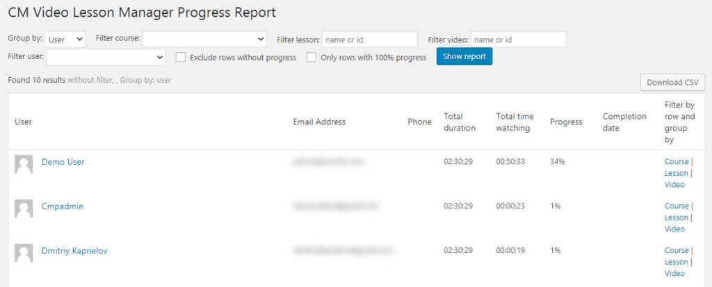 Screenshot of the Student Progress Report for CM Video Lessons Manager