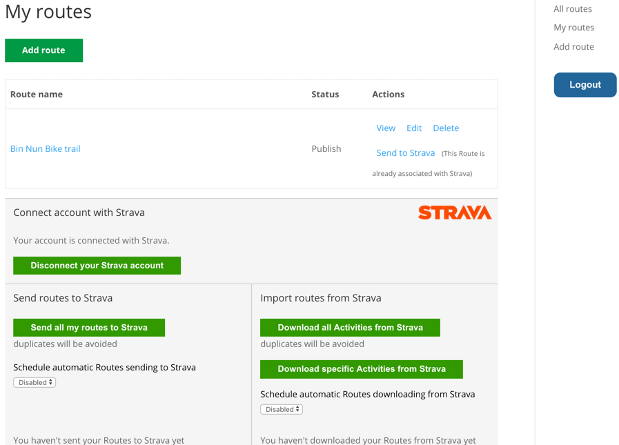 Routes Page of a user connected to Strava