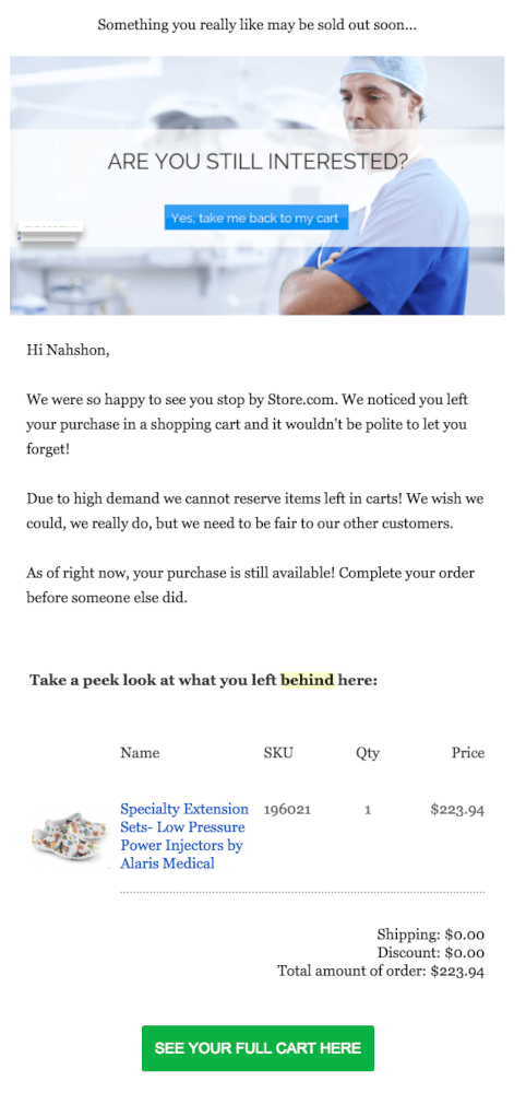 Example of sales recovery email sent