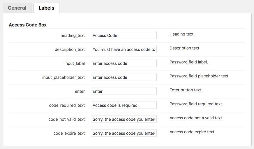Invitation Code Content Access - Labels Settings