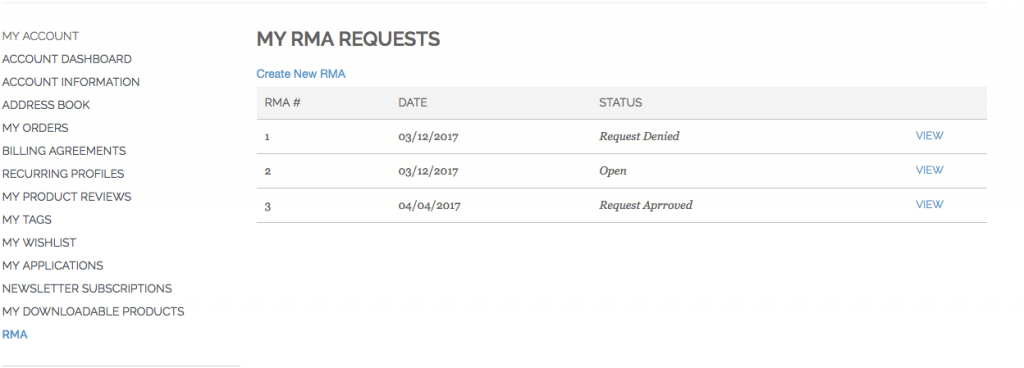 Customer Account RMA list
