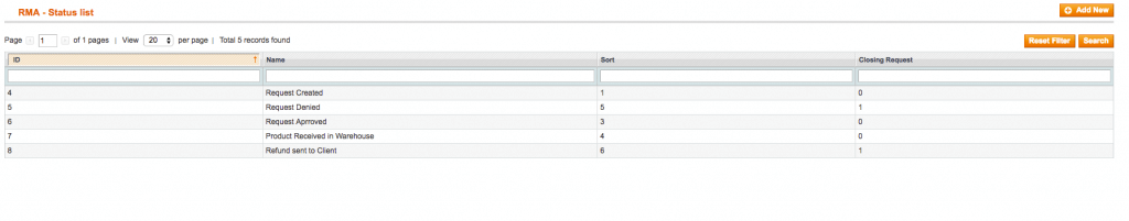 RMA setting - manage statuses