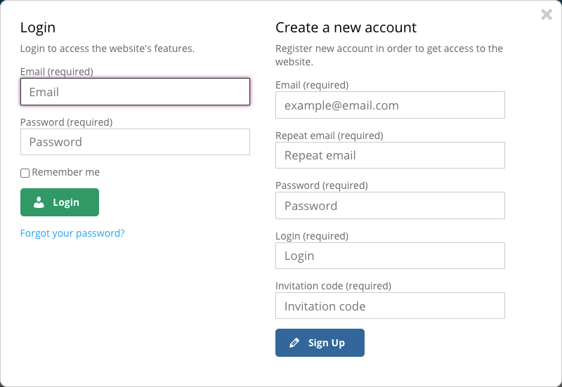 Pop-up with registration and login form