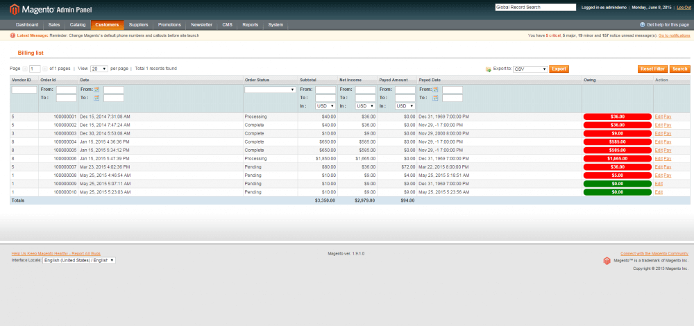 The Admin billing panel showing how much the supplier owes each of his Marketplace vendors