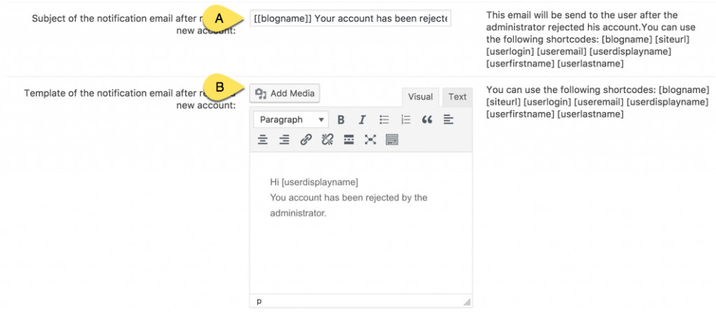 Settings for User Rejection email