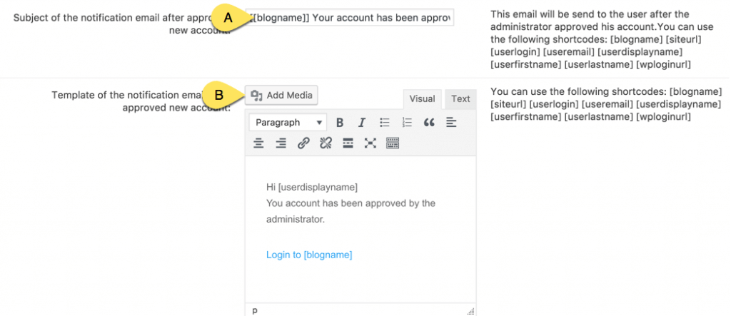Settings for User approval email
