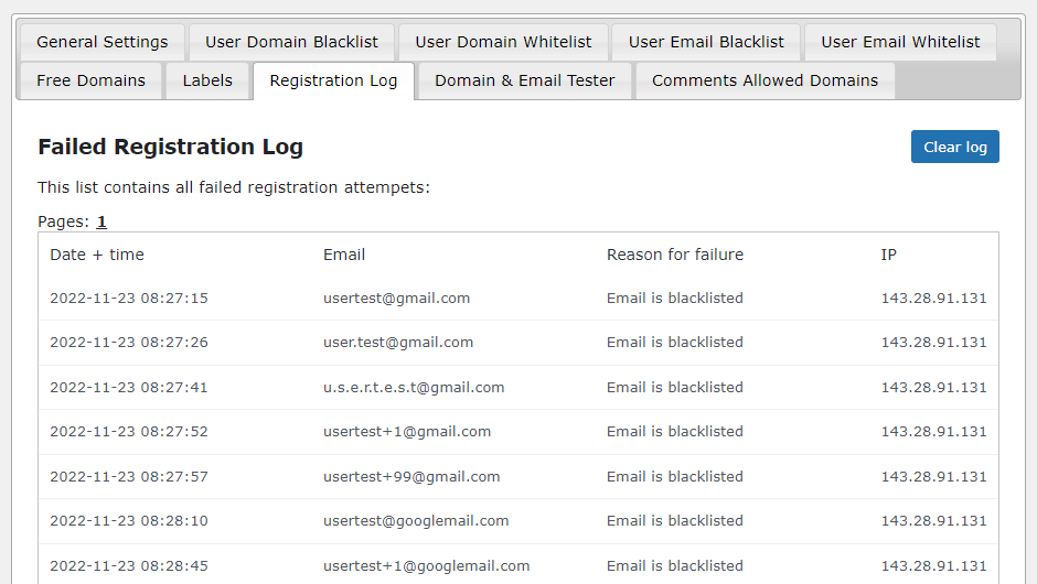 Error Log Report Showing All Blocked Registrations