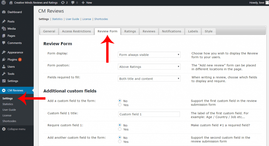 Review form and custom fields settings