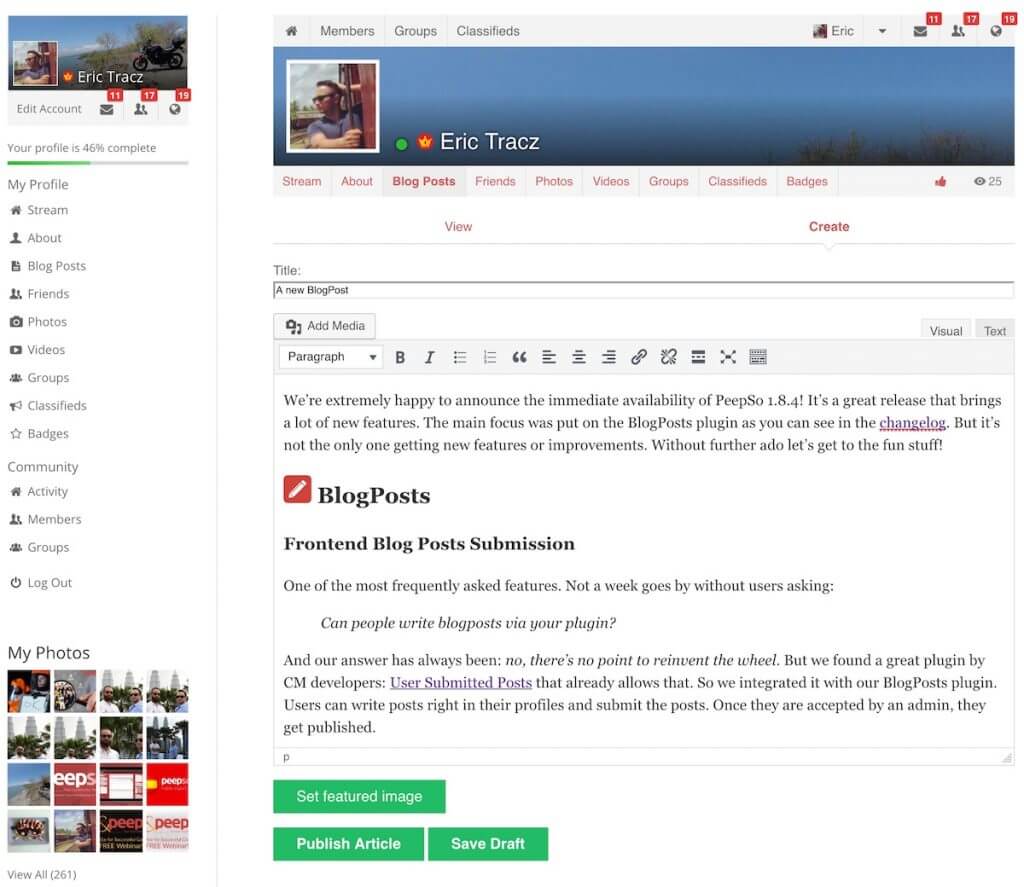 frontend submission blogposts new config PeepSo social networking plugin for WordPress