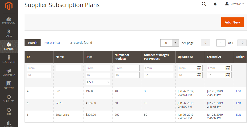 The list of created subscription plans