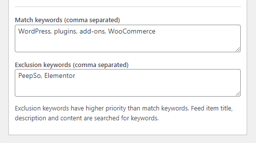 Match and Exclusion Keywords Settings