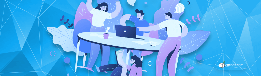 Colorful graphic with blue tones of office workers standing around a table with a laptop in the center
