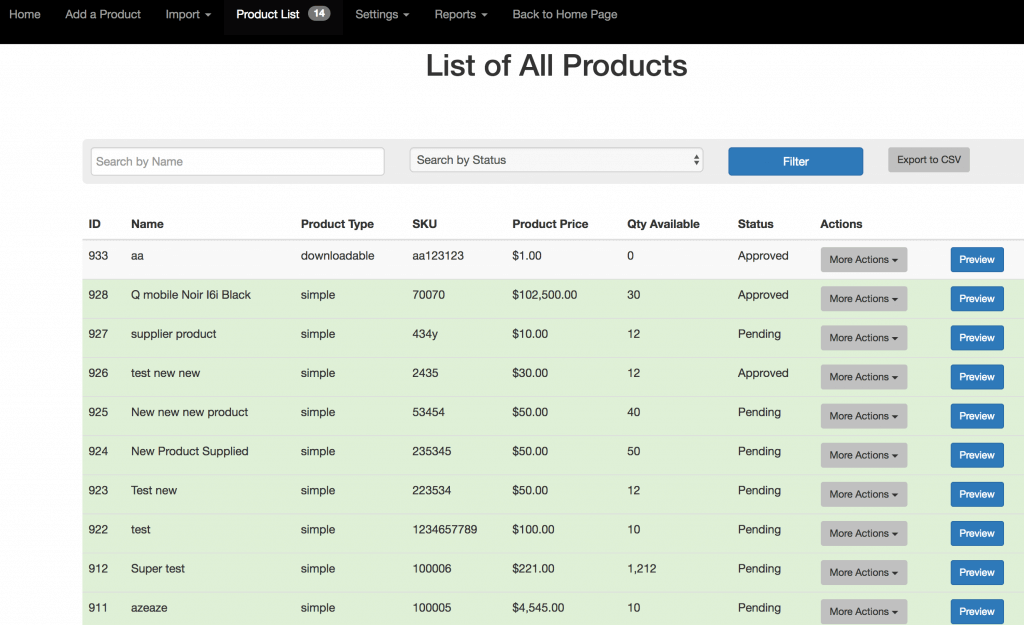 Supplier frontend product list
