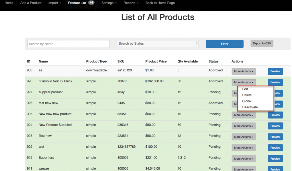 Supplier product list - more actions